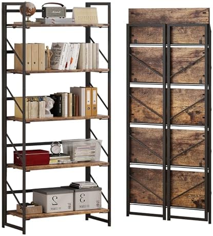 JSB No Assembly Folding Bookshelf, 5 Tier Industrial Metal Book Shelf for Storage, Vintage Wood Foldable Bookcase for Living Room, Bedroom, Office Organization Shelves