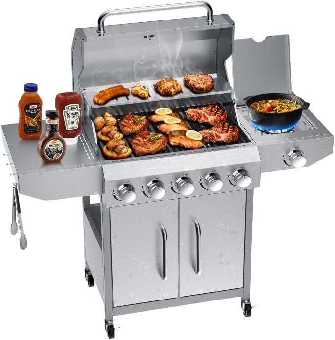 68,000 BTU 5 Burner Propane Gas Grill with Side Burner-Professional-Grade Stainless Steel Outdoor BBQ Grill-647 sq in Cooking Space&Porcelain Cast Iron Grrates-Patio Cart Design for Backyard
