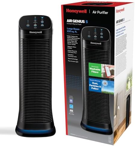 Honeywell Air Genius 5 Air Purifier with Permanent, Washable Filter, for Large Rooms, Reduces Smoke, Wildfire Smoke, Dust, Pollen, Pet Dander and More, Black, HFD320