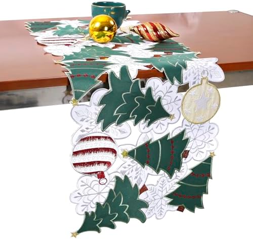 Christmas Tree Table Runner Christmas Ball 72 inches Long Green White Snowflake Embroidered Xmas Decoration Festive Holiday Cutwork Dining Table 70IN
