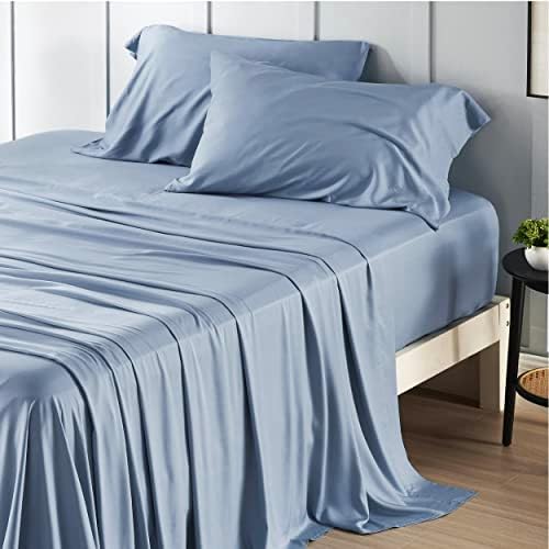 Bedsure Queen Sheet Set, Cooling Sheets for Queen Size Bed Set, Rayon Derived from Bamboo, Breathable & Soft Deep Pocket, Hotel Luxury Silky Bedding, Bedsheet & Pillowcases, Mineral Blue