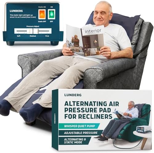 Lunderg Alternating Air Pressure Pad for Recliner Chair - Pressure Relief Cushion Topper - Home or Hospital Bed Sore Prevention - Includes Medical Grade Mattress Pad, Cover & Quiet Pump - Medium-Firm