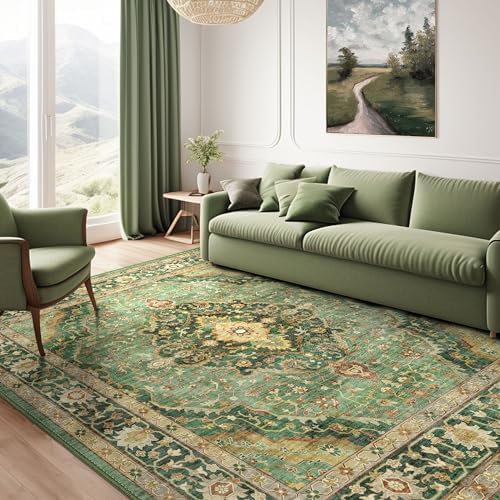 Deerly Green Rug 8x10 Area Rug for Living Room Bedroom Washable Rugs Large Boho 8x10 Rug for Dining Room Carpet Non-Slip Distressed Carpet Rugs Print Floor(Border Green)