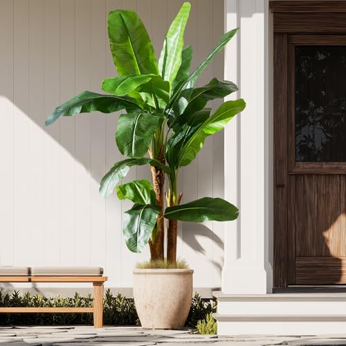 Artificial Banana Tree 6ft, Faux Tropical Palm Tree Plant with Realistic Leaves, Low Maintenance Indoor Outdoor Decor for Home Office Porch, in Nursery Pot