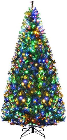 Goplus 7FT Pre-Lit Artificial Christmas Tree Auto-Spread/Close up Branches 11 Flash Modes with Multicolored 400 LED Lights & Metal Stand
