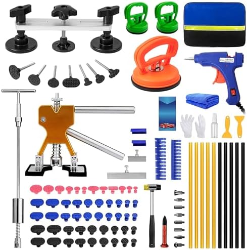 97pcs Dent Puller Kit, Paintless Dent Removal Kit for Dent Repair, Dent Repair Kit with Golden Lifter, Slide Hammer T-Bar, Bridge Puller, Car Dent Puller Kit for Auto Hail Damage Door Ding