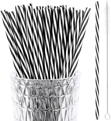 JANYUN 30 Pcs Halloween Straws Plastic, Reusable Black and White Striped 9 Inch Hard Plastic Drinking Straws with Cleaning Brush for Christmas Halloween Birthday Party Supplies Table Decorations