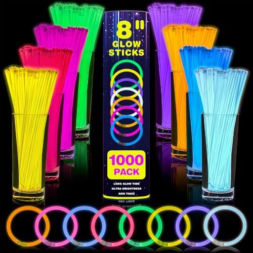 YixangDD 1000 PCS Ultra Bright Glow Sticks, 8 Inch Glow Sticks Bulk Party Pack, Light Up Sticks for Glow Bracelets, Necklaces, Concerts, Christmas, Party Supplies with 1000 Connectors