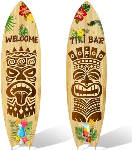 2 PCS Tiki Bar Surfboard Yard Signs Surfboard Beach Signs with Stakes Hawaiian Luau Party Decoration Summer Theme Decor for Tiki Bar Beach Outdoor
