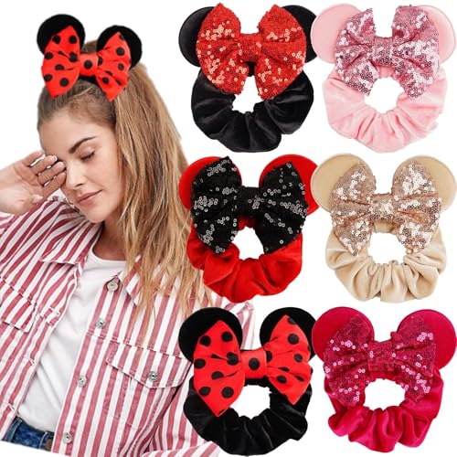 6 Pack Mouse Ears Scrunchies Velvet Mouse Ears Sparkle Sequin Mouse Bows Hair Scrunchies Hair Ties Elastic Rubber Bands Ponytail Holders for Kids Women Girls Christmas Party Decoration