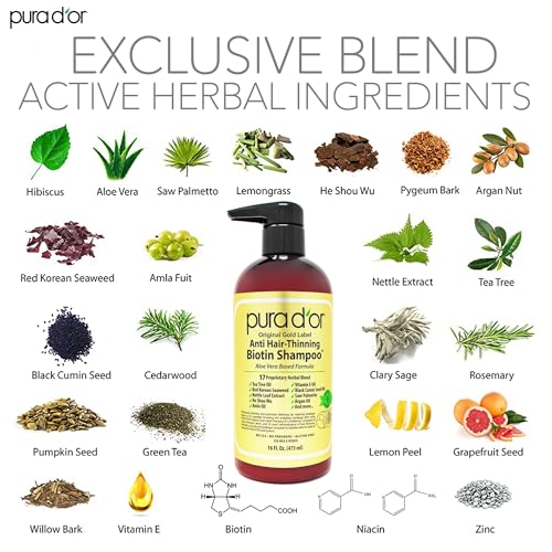 PURA D'OR 16 Oz Original Gold Label Anti-Thinning Biotin Shampoo Natural Earthy Scent, CLINICALLY TESTED Effective Results, Herbal DHT Blocker Hair Thickening Products, Women & Men, Color Treated Hair