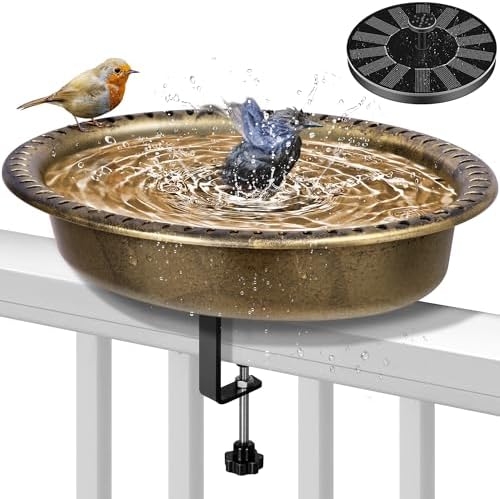 VIVOHOME Deck Mounted Oval Polyresin Bird Bath with Solar Fountain, Adjustable Clamp for Railings up to 3.9 Inch, Capacity 1.3 Gallons for Patio, Gardens, Yard, Deck, Copper