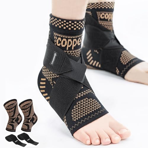 INDEEMAX Ankle Brace for Sprained Ankle Compression Sleeve, 2 Pack Copper Infused Ankle Support Brace for Women & Men, Plantar Fasciitis Relief Achilles Tendonitis, Sports Running, Copper Black, 2XL