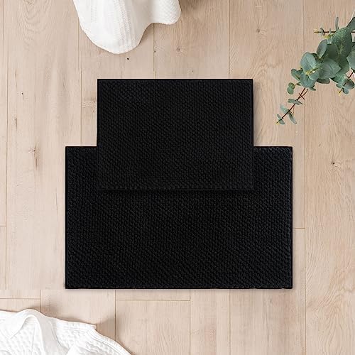 FRESHMINT Chenille Bathroom Rugs Sets 2 Piece 17"x24"+20"x32", Non-Slip Bath Mats Set for Bathroom, Water Absorbent Bath Rug, Washable Set of 2 Shower Floor Mat Bathroom, Black