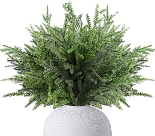 24" Extra Long Artificial Norfolk Pine Stems - 12 Pack Real Touch Christmas Greenery for DIY Wreaths Vase, Large Mantel Decor, Indoor/Outdoor Holiday Arrangements (Faux Pine Branches)
