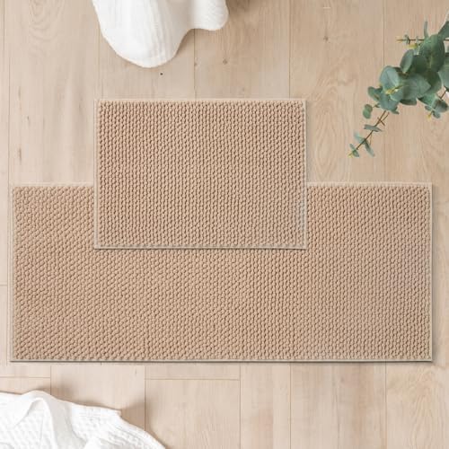 FRESHMINT Chenille Bathroom Rugs Sets 2 Piece 17"x24"+20"x47", Non-Slip Bath Mats Set for Bathroom, Absorbent Bath Rug, Washable Set of 2 Shower Floor Mat Runner, Beige