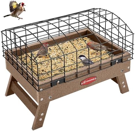 Kingsyard Squirrel Proof Ground Bird Feeder for Outdoors - Recycled Plastic Platform Feeding Station, Fly-Through Metal Caged Wild Bird Feeder for Small Birds, 5 LBS Large Capacity, Brown