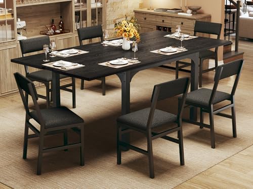7-Piece Dining Table Set for 4-6, Extendable Kitchen Table Cushion Chairs Set of 6 with 6 Chairs, Rectangle Dining Table with Metal Frame & MDF Board, Folding for Small Apartment Saving Space, Black