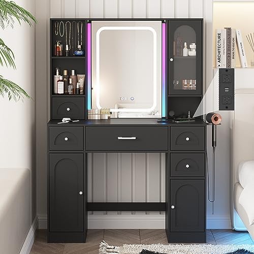 Fameill Black Makeup Vanity Desk with Lights,Makeup Vanity with RGB Lightsand Power Strip,Vanity Table with 5 Drawers Lots Storage & Time Display,3 Lighting Modes Vanity Mirror,41.3in(L)