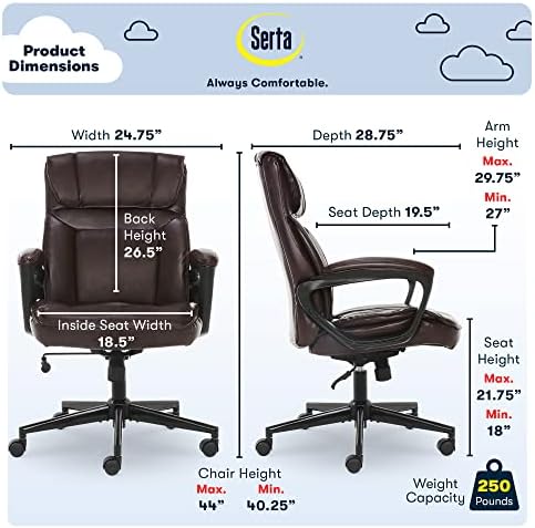 Serta Hannah Executive Home Office Desk Chair, Ergonomic Mid-Back with Lumbar Support, Firm Seat Cushion, Layered Body Pillows, Padded Armrests, Swivel Base, Easy Assembly, Faux Leather, Brown