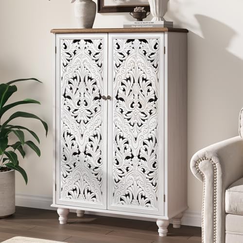 47" Tall Storage Cabinet with Doors and Shelves, Wood Accent Cabinet with Distressed Finish, Buffet & Sideboard for Living Room, Entryway, Dining Room, Bedroom, White