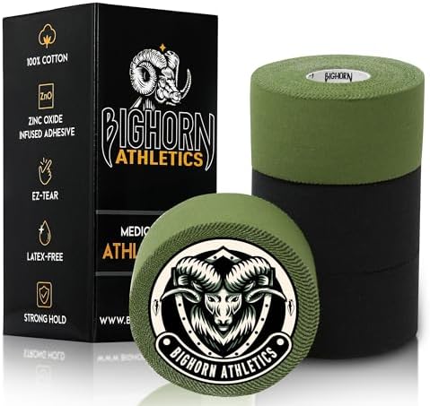 Bighorn Athletics Sports Tape | EZ-Tear Athletic Tape for Wrist, Ankle & Foot Support | Zinc Oxide Infused & Latex-Free Adhesive, Cotton Fabric, 1.5-Inch x 45-Feet, 4 Rolls, Military Green & Black