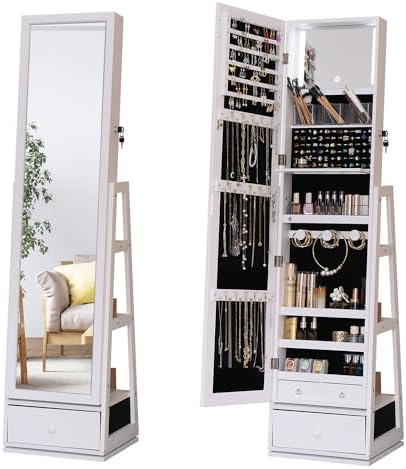 Rotatable Full Length Mirror Jewelry Cabinet Standing With Built-In Mirror - 63.7”H Lockable Jewelry Armoire With Mirror Drawers and 3 Storage Racks Christmas Gift for Wife White