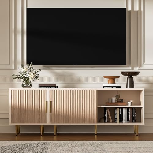 Combined Modern TV Stand for 55/60/65 inch TV, Small Entertainment Center with Adjustable Shelf, TV Media Stand with Storage Cabinet, TV Console with Gold Legs for Living Room, Bedroom, Oak