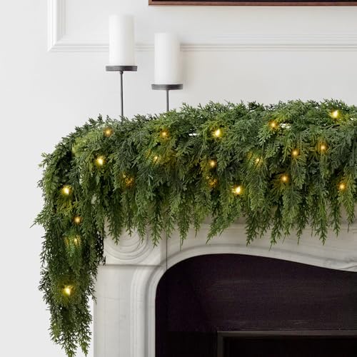 2PCS 9FT Pre-lit Christmas Cedar Garland with 100 Lights, Full 240 Pine Branches, Realistic Faux Garland Artificial Greenery for Fireplace Table Mantle Wall Indoor Outdoor Winter Holiday