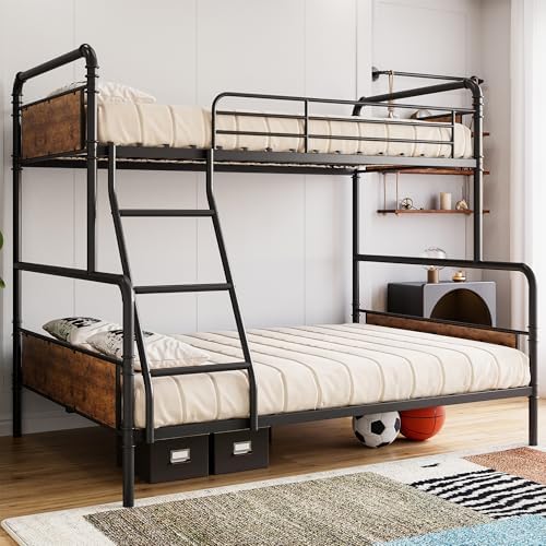 IDEALHOUSE Bunk Bed Twin Over Full Size with High Guardrail and Ladder,Twin Size Convertible Metal Bunk Beds for Kids/Teens/Adults,Easy Assembly, No Box Spring Needed,Vintage Brown