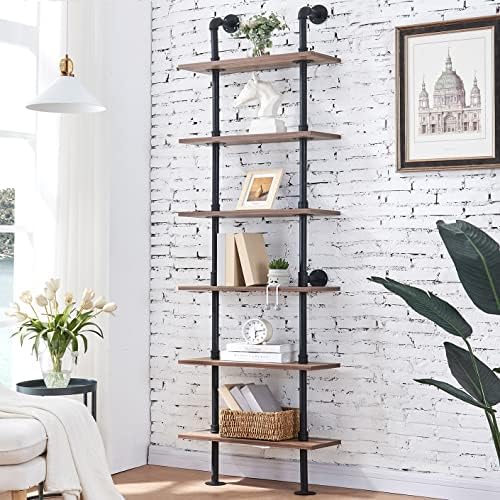 HOMBAZAAR Industrial Pipe Bookshelf,6 Tier Pipe Shelving,Wall Mounted Ladder Shelves with Metal Frame for Home Office,Living Room,Oak Brown