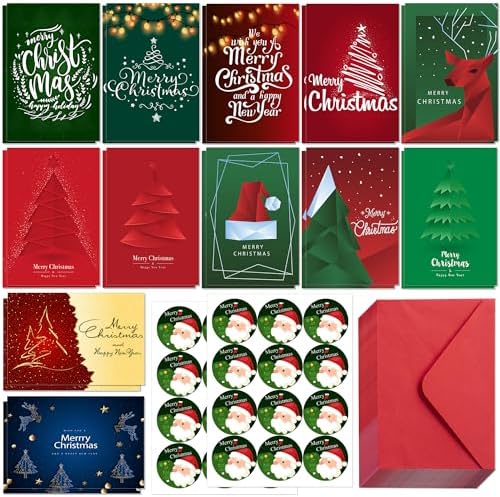 Christmas Cards, Stocking Stuffers for Adults, 24 Pcs Christmas Cards with Envelopes & Stickers,4 x 6 Inch,Blank Holiday Greeting Card Set,Xmas Gift Bags