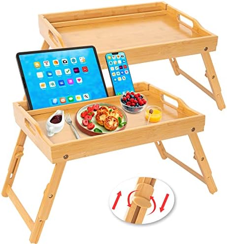 Greenual 2 Pack Bed Tray Table with Handles Folding Legs, Bamboo Breakfast Food Tray with Media Slot, Use As Platter, Laptop Desk, Snack, TV Tray Kitchen Serving Tray(Natural)