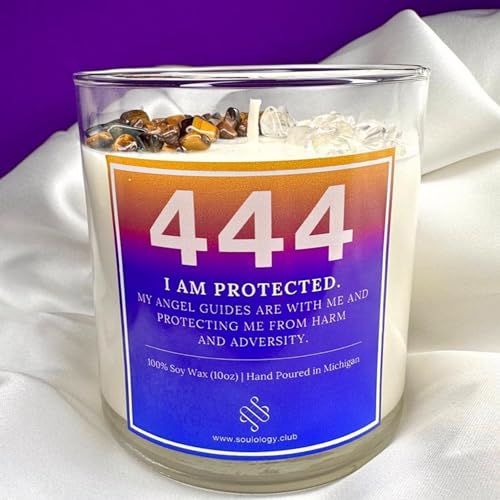 444 Angel Number Candle, 10oz, Crystal candle, 100% Soy Wax & Phthalate-Free Fragrance candles, Gifts candles for women, Angel Number Gift, Protection Candle