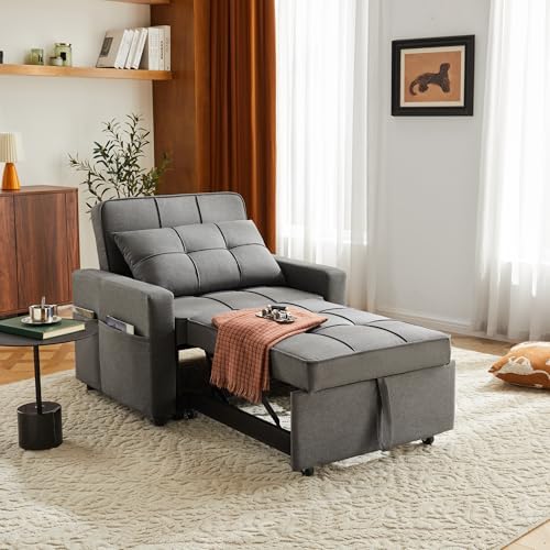 Sofa Bed Chair Convertible ï¼ŒSleeper Sofa with Pull-Out Bed ï¼Œ3-in-1 Futon Couch with Reclining Backrest and Side Pocket (Dark Grey, 35.6â€˜)