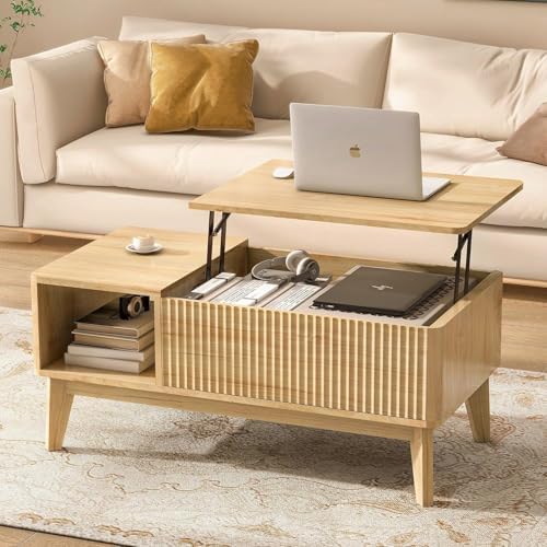 LYNCOHOME Fluted Lift Top Coffee Table with Hidden Compartment, Modern Center Table for Living Room, Home Office, Natural