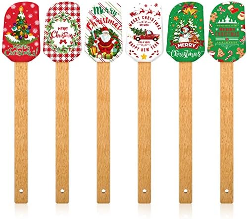 Patelai Christmas Silicone Spatula Xmas Cake Spatula with Wooden Handle Snowmen Pancake Cute Pan Scraper Xmas Dish Scraper Cooking Spatulas for Kitchen Mixing Cooking (Cute Style,6 Pieces)