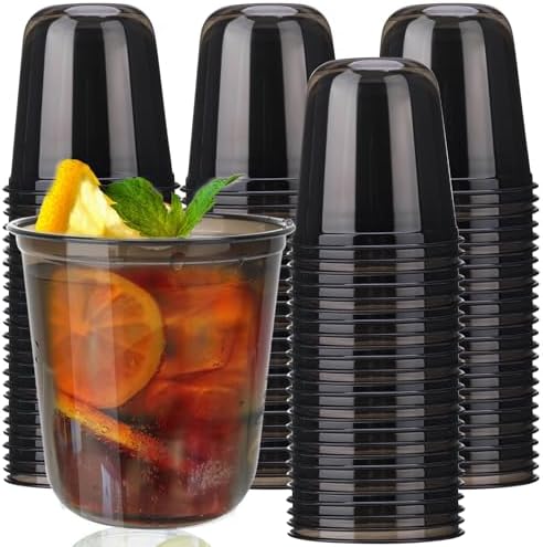 50pcs 12oz Disposable Stemless Glasses,PET Disposable Drinking Cups,Cold Party Clear Plastic Wine Glasses for Parties Birthday,Wedding,Meeting,Christmas Party Supplies. (Black)