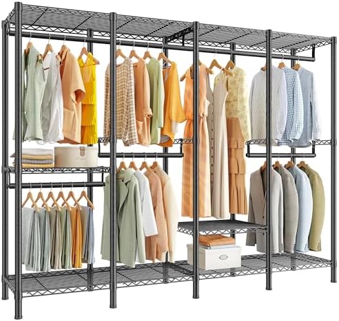 Raybee Clothes Rack for Hanging Clothes,Clothing Rack with Shelves,Portable Closet,Adjustable,76" W x 77" H x 18" D,Max Load 1150lbs,Black