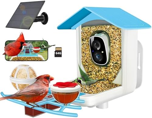 64GB Smart Bird Feeder with Camera Solar Powered, 2K 3MP HD Live Video &Playback on Phone, AI Identify +10,000 Bird Species, 2.4G WiFi Bird Feeder Camera Wireless Outdoor House-Bird Watching (Blue)