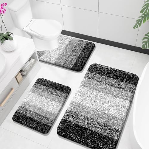 OLANLY Bathroom Rugs Sets 3 Piece, Soft Absorbent Microfiber Bath Mats and U-Shaped Contour Toilet Rug, Plush Shaggy Bath Mat Set for Bathroom (36"x24"+24"x16"+24"x20", Black)