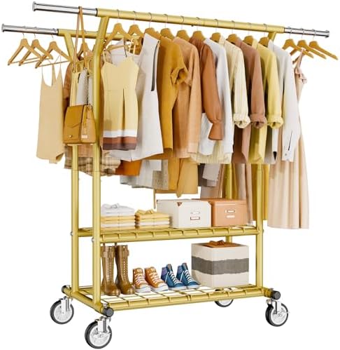 Heavy Duty Clothes Rack, Rolling Clothing Racks With Shelves Load 620 LBS, Double Rod Clothing Racks for Hanging Clothes, Portable& Adjustable Clothes Rack with Wheels Garment Rack,Gold