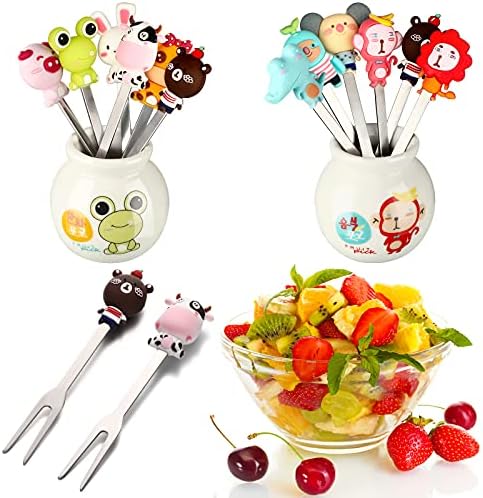 12 Pcs Food Picks for Kids with 2 Ceramic Jars Set of 2 Cute Cartoon Animal Fruit Forks Kids Toothpicks Stainless Steel Bento Picks for Kids with Silicone Handles Back to School Party Supplies