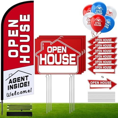 Open House Signs Kit (45 Pcs), 1 Pack Open House Flag, 9 Pack Open House Signs for Real Estate, Double Sided Directional Arrows Sign with Stakes and 24 Balloons for Real Estate Agents Supplies