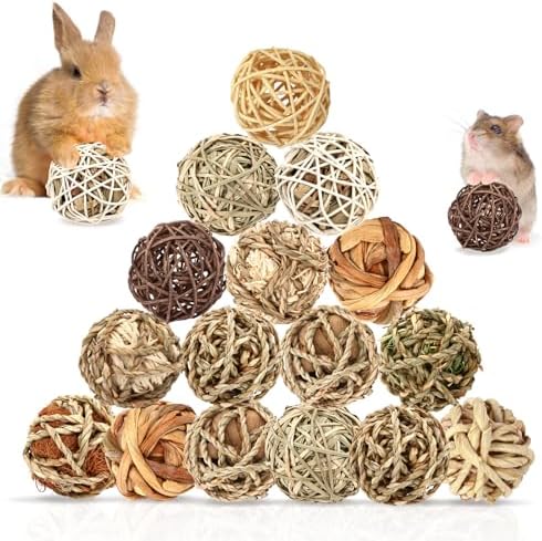 Bunny Chew Grass Balls, Rolling Chew Toys for Small Animals, Improving Dental Health, Natural Chew Grass Toys for Rabbits, Guinea Pigs, Chinchillas, Hamsters, Mice (16 Pcs)