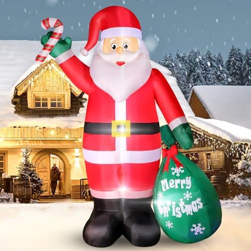 6FT Christmas Inflatable Santa with Candy and Big Gift Bag Outdoor Decorations, Built-in Brilliant Led Lights Blow Up Xmas Yard Decor, Kindly Festival Decor for Yard Lawn Garden Indoor Holiday Party