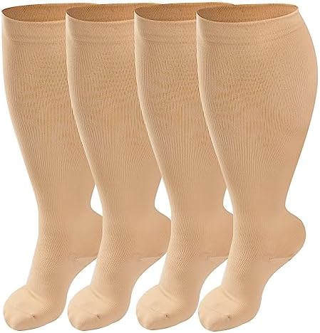 4 Pairs Plus Size Compression Socks for Women & Men, Extra Wide Calf 20-30 mmhg Knee High Compression Stockings for Circulation Swelling Support