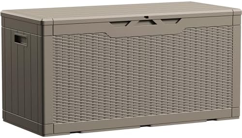 Devoko 100 Gallon Waterproof Large Resin Deck Box Indoor Outdoor Lockable Storage Container for Patio Furniture Cushions Garden Tools (100 Gallon, Light Brown)