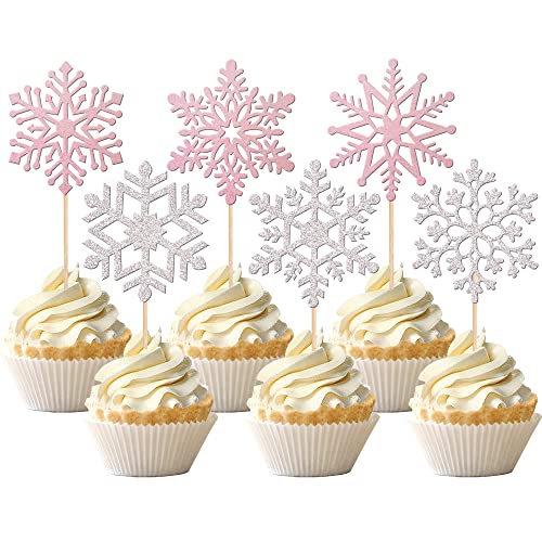 36 PCS Snowflake Cupcake Toppers Glitter Winter Frozen Theme Cupcake Picks Little Snowflake Cake Decorations for Winter Wonderland Baby Shower Kids Birthday Christmas Party Supplies Silver Pink