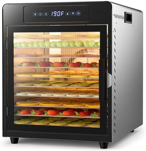 800W Food Dehydrator | Large 10 Stainless Steel Trays | Digital Adjustable 190°F Temperature& 24H Timer, Versatile Drying Machine for Jerky Herbs Fruit Mushrooms Yogurt, Built-in Light